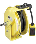 Heavy Duty Retractable Power Cord Reel With 50 Foot Black Cable And 12 Gauge 3 Conductor Wire Built For Tough Job Sites Featuring 4 Outlet Boxes 20 Amp Rating And Safety Yellow Steel Construction That Is Straight Fire Industrial Rig Getting Work Done.