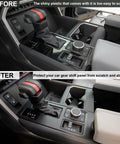 Before and after installation of Toyota Tundra Sequoia Gear Shift Panel Trim Cover Matte Black Anti Scratch Shield 2022-2026
