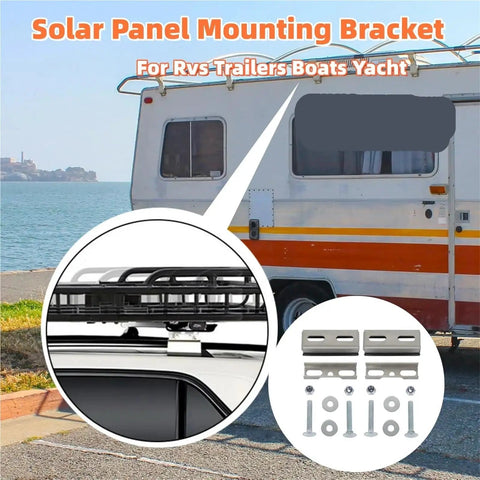 Heavy Duty Roof Rack Mounting Brackets 2 Pack For RV Roof Rails And Solar Panels installed on RV with hardware displayed