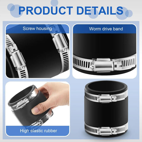 Four Pack Flexible PVC Couplings With Stainless Steel Clamps For Plastic And Copper Plumbing 2 Inch Easy Fit Tight Seal Adjustable