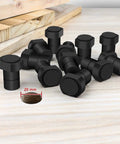 12 Pack 20mm Aluminum Bench Dogs For MFT Tables Non Slip Durable Workbench Clamps Woodworking DIY Rock Solid Grip With Precision Hold And Tool Protection Quick Setup And Stable Work Surfaces. 20mm black aluminum bench dogs on a wood workbench