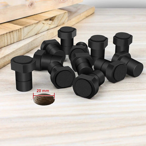 12 Pack 20mm Aluminum Bench Dogs For MFT Tables Non Slip Durable Workbench Clamps Woodworking DIY Rock Solid Grip With Precision Hold And Tool Protection Quick Setup And Stable Work Surfaces. 20mm black aluminum bench dogs on a wood workbench