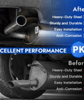 Comparison of exhaust with and without Beefy Heavy Duty Stainless Steel Exhaust Hanger Rods, 3/8 Inch By 10 Inch, Weld-On Design.