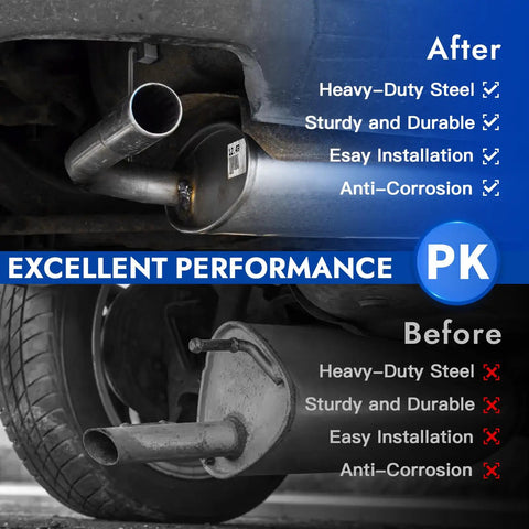 Comparison of exhaust with and without Beefy Heavy Duty Stainless Steel Exhaust Hanger Rods, 3/8 Inch By 10 Inch, Weld-On Design.