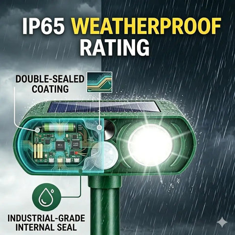 Solar Ultrasonic Animal Repellent For Gardens And Yards With Motion Sensor Strobe Light, IP65 weatherproof green unit