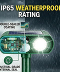 Close-up of Solar Ultrasonic Animal Deterrent With Motion Detection And Flash Light Outdoor Yard Garden Critter Repeller highlighting IP65 weatherproof seal.