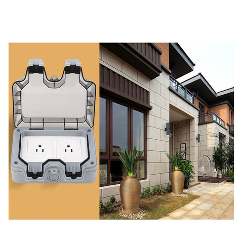 Tough As Nails IP66 Weatherproof Outdoor Electrical Outlet Box Featuring Dual 15A Power Sockets And Rainproof Seal. Close-up view.