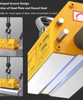 Heavy Duty Permanent Magnet Lifter With Quick Release Handle For 6600 Pound Steel Plates And Round Bar Hoist Tool, showing U-shaped groove design.