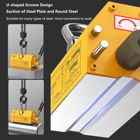 Heavy Duty Permanent Magnet Lifter With Quick Release Handle For 6600 Pound Steel Plates And Round Bar Hoist Tool, showing U-shaped groove design.