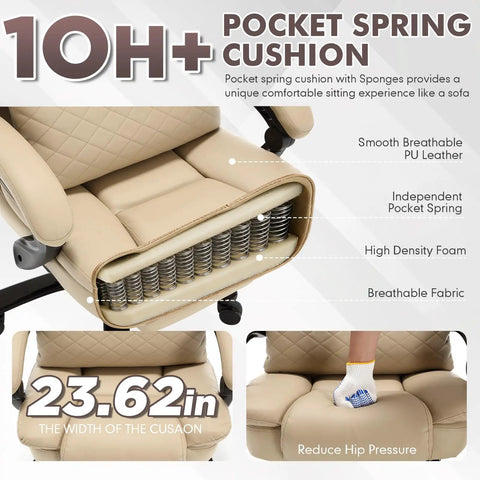 Close-up of beige office chair's pocket spring cushion showing structure, 500lbs Capacity Big And Tall Office Chair With Lumbar Support PU Leather.