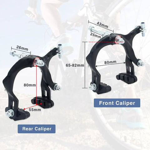 Front and Rear Caliper Rim Brake Set with Aluminum Alloy Levers and Cables for Kid Friendly Bikes, Adjustable Brake Pads