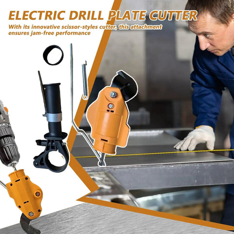 Heavy Duty Metal Shears Drill Attachment Cut Iron Aluminum Steel Copper S60 Tool With ABS Shield, showing a plate cutter in action.