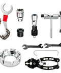 All In One Bike Repair Gear Kit For Mountain Bikes 9 Piece Set With 3 In 1 Cassette Remover Wrench Crank Puller Tools Displayed