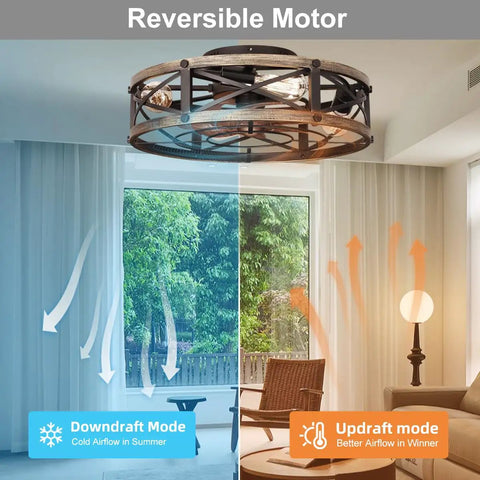 Reversible airflow options shown for Badass Modern Farmhouse Caged Ceiling Fan With Slick Remote Flush Mount Build.