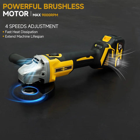Cordless Angle Grinder Kit 21V With 3/8 Inch Arbor And 16 Threads, Brushless Motor, Variable Speed Up To 9000 RPM, shown in operation
