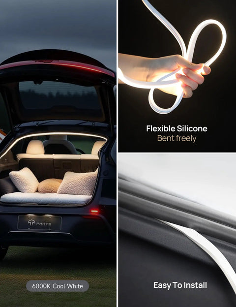 Dual Color Trunk LED Light Strip For Tesla Model Y 2025 2026 Juniper Edition viewed in flexible silicone, installed trunk view.