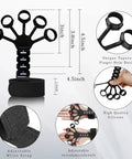 Grip Strength Kit With Counting Gauge, Adjustable Finger Trainers, showing dimensions and features for hand exercises.