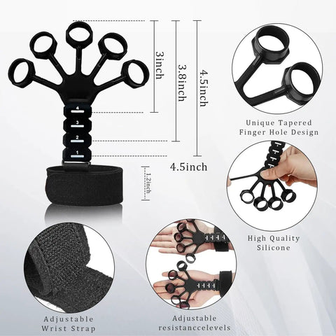 Grip Strength Kit With Counting Gauge, Adjustable Finger Trainers, showing dimensions and features for hand exercises.
