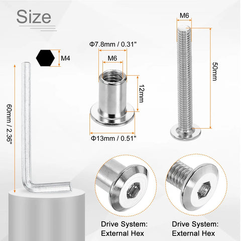 Sturdy M6 X 50MM Hex Socket Cap Bolts Paired With M6 Flange Nuts And M4 Key Wrench For Furniture Connectors Size Specification