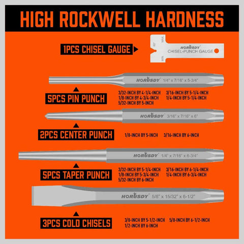 Front view: HORUSDY 16-piece punch and chisel set on orange background with punches and chisels.