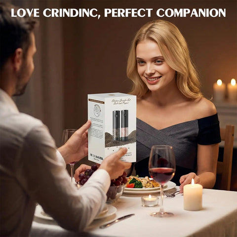 Couple exchanging Electric Salt And Pepper Grinder Set Battery Powered With Led Light Adjustable Coarseness Large Capacity