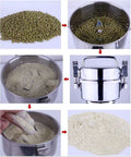 Swing Type Electric Grain Grinder Mill For Home And Commercial Use, shows grinding process of beans to fine powder.
