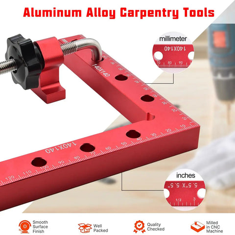 90 Degree Aluminum Alloy Corner Clamps Kit, Heavy Duty Right Angle Clamping Squares For DIY Woodworking, Shelves, Boxes, Frames, Drawers And Cabinets, 5.5 X 5.5 Inches, 4 Pack red aluminum corner clamp with millimeter and inch scales