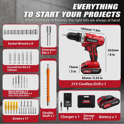 Beastly 21V Brushless Cordless Drill Kit with Two 2.0Ah Batteries and Charger, 39-piece bit set, 3/8-inch keyless chuck layout
