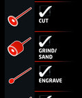 Visual guide illustrating functions of attachments for Shop Ready Double Wheel Bench Grinder With Adjustable Spark Arresters and Heavy Duty Tool Rests.