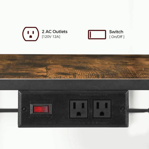 Rustic Brown And Black Bakers Rack With Storage And Microwave Stand, power outlet close-up, shows 2 AC outlets and switch.