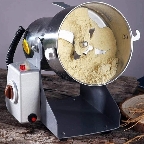 Electric Grain Grinder With Stainless Steel Body, Safety Upgraded, showing internal blades with ground powder.