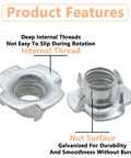 Close-up of M6 4 Pronged T Nuts Set Of 20 Pieces showing deep internal threads and smooth galvanized surface for woodworking.