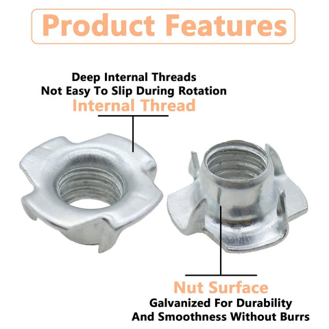 Close-up of M6 4 Pronged T Nuts Set Of 20 Pieces showing deep internal threads and smooth galvanized surface for woodworking.