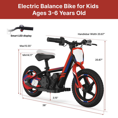 Electric Dirt Bike For Kids 3 To 6, 170W Mini Moto With Lightweight Aluminum Frame, 24V Detachable Battery, Dual Power Modes, 12 Inch Knobby Tires, Rugged Outdoor Fun For Backyard Adventures And Neighborhood Treks, side view with size labels