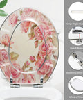 Elongated Resin Toilet Seat for Bathroom Decor with rose design, 14.5" x 18.5", featuring stainless steel hinges.