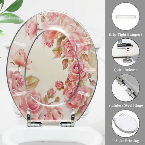 Elongated Resin Toilet Seat for Bathroom Decor with rose design, 14.5" x 18.5", featuring stainless steel hinges.