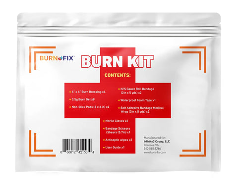 BurnFIX Burn Kit first aid kit pouch, white with red cross, contains burn gel, dressings, gloves and scissors