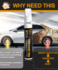 Car paint pen in front of car with scratches and rust showing importance of protection against oxidation and corrosion.