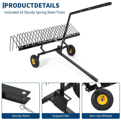 60 Inch Tow Behind Landscape Rake with sturdy steel teeth and wheels, for ATVs and mowers, ideal for lawn and property cleanup.