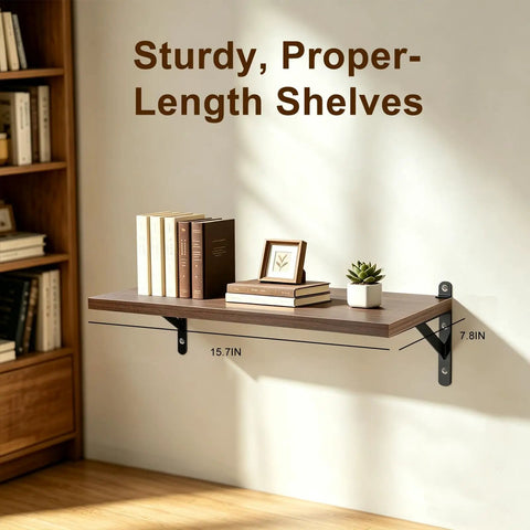 Floating Shelves Wall Mounted Set Of 2 With Heavy Duty Wood Construction Built To Last And Reinforced Anti Sag Brackets Includes 12 Hollow Wall Anchors And Complete Installation Kit For Drywall And Concrete, 15.7in walnut shelf with books and decor