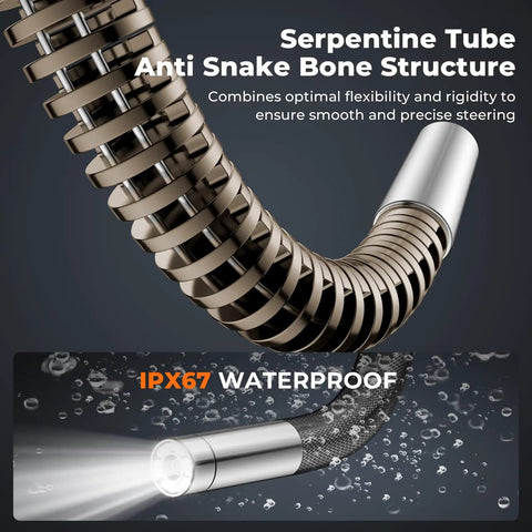 Two Way Articulating Borescope With Light 0.24 Inch Endoscope Camera, waterproof flexible snake tube structure, close-up view.