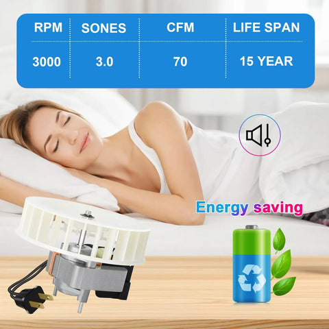 Woman sleeping with Bathroom Exhaust Fan Motor Replacement Parts For 769RL B Unit And 757 751 769RFT R01 70 CFM 3000 RPM