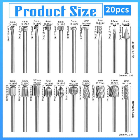 Top Shelf Wood Carving Bits Set For Slick Engraving Router Work Built With Hss Steel And One Eighth Inch Shank A Knockout Twenty Piece Drill Kit For Dang Easy Diy Woodworking Crafts Projects showing size details.