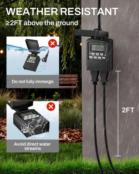 Outdoor Heavy Duty Digital Programmable Timer With Two Grounded Outlets, Waterproof, 7 Day Scheduling, 8 On And Off Programs, Easy Set And Go For Christmas Lights, 15A 0.5HP, ETL Listed