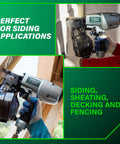 Worker using Pro Grade Coil Siding Nailer For Sheathing Decking And Fencing With 15 Degree Plastic Collated And 16 Degree Wire Coil Nails Selective Actuation Pneumatic Power Nailer on wooden panels