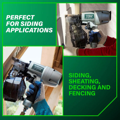 Worker using Pro Grade Coil Siding Nailer For Sheathing Decking And Fencing With 15 Degree Plastic Collated And 16 Degree Wire Coil Nails Selective Actuation Pneumatic Power Nailer on wooden panels