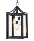 Straight Up Heavy Duty Outdoor Pendant Light With Automatic Dusk To Dawn Sensor 18.5 Inch Porch Chandelier with clear glass and black metal.