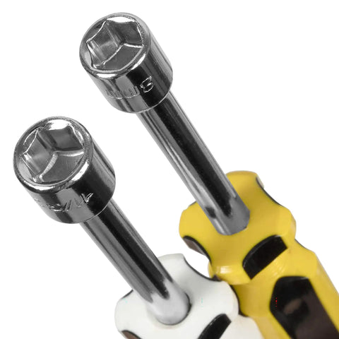 Close-up of 5.5 Inch Chrome Plated Nut Driver Set With SAE 3/16 To 1/2 Inch And Metric 5 To 10 Mm, 14 Piece, Color Coded Handles