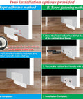 Installation options for a Hands Free Cabinet Foot Pull For Trash Drawer: tape adhesive and screw fastening methods shown.
