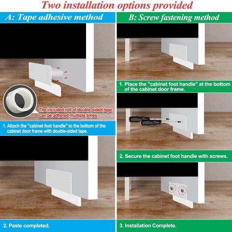 Installation options for a Hands Free Cabinet Foot Pull For Trash Drawer: tape adhesive and screw fastening methods shown.